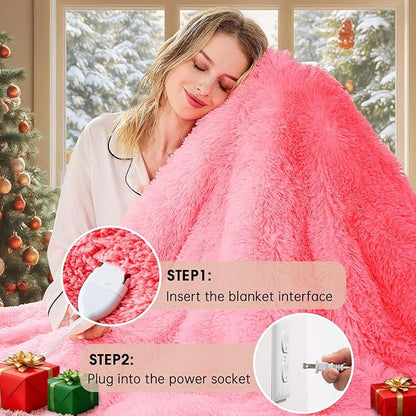 Heated Electric Blanket Twin,Warm Winter Birthday Gifts for Women Her Grandma–Faux Fur with Soft Sherpa,10 Heat Settings,5 Time Settings with Fast Heating, 62x84, Baby Pink