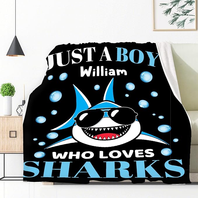 Custom Just A Boy Who Loves Sharks Blankets Gifts for Kids Adult On Bed Sofa,Personalized Premium Flannel Blankets for Birthday Christmas Thanksgiving All Season Use 40''x 50'' -S