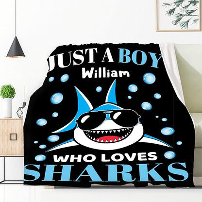 Custom Just A Boy Who Loves Sharks Blankets Gifts for Kids Adult On Bed Sofa,Personalized Premium Flannel Blankets for Birthday Christmas Thanksgiving All Season Use 40''x 50'' -S