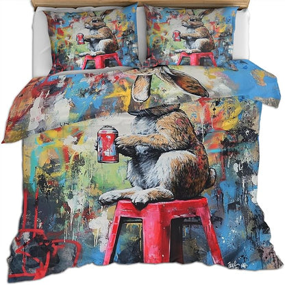 Rabbit Duvet Cover Full Size, Street Graffiti Rabbit Bedding Set 3 Piece Bedroom Decor Fun Animal Comforter Cover with Zipper Ties & 2 Pillowcases