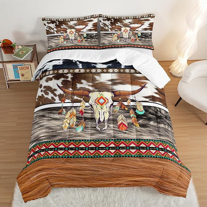 HOSIMA Western Bedding Longhorn Skull Comforter 3 Pieces,Western Highland Cowhide Print Twin Bed in a Bag for Boys Teens Soft Microfiber Fluffy Comforter Farmhouse Style Room Decor Aesthetic.