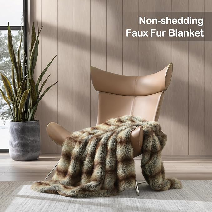 HORIMOTE HOME Luxury Plush Blanket, Soft & Cozy Fur Throw Blanket for Couch, Bed and Sofa, Fluffy Faux Fur Throw, with Shed-Free Design, 60x80 Inches Decorative Blankets, Brown Taupe Stripes