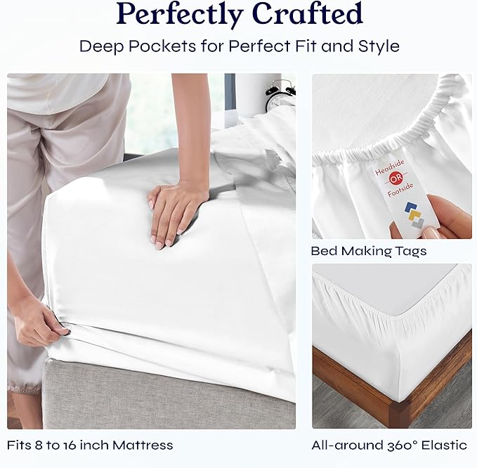 California Design Den King Bed Sheets Set - Soft 400 Thread Count Sateen, 100% Cotton Sheets, Deep Pockets with All Around Elastic for a Snug Fit, Durable Bedding Set - Antique White
