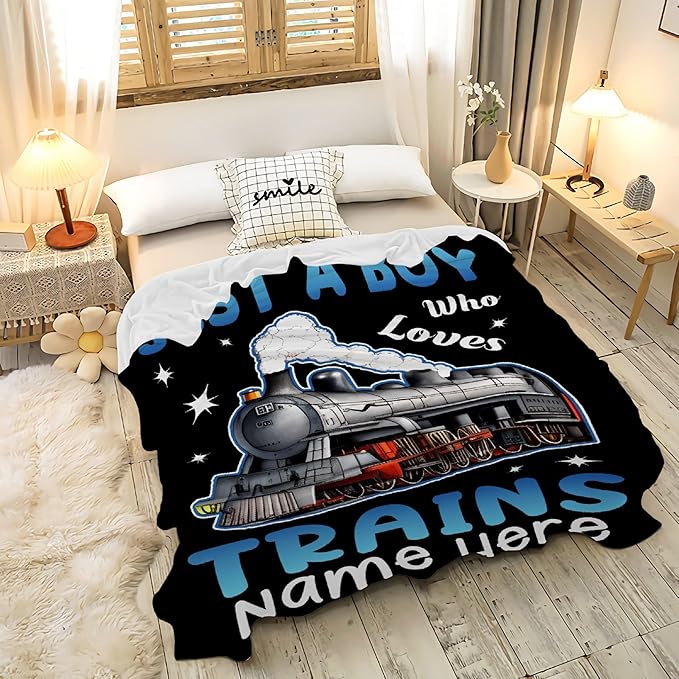 Boy Who Loves Trains Blanket Custom Train Blankets for Boys Men Flannel Cozy Quilt Gift for Train Lovers for Beding Sofa Couch-120x90 Inches
