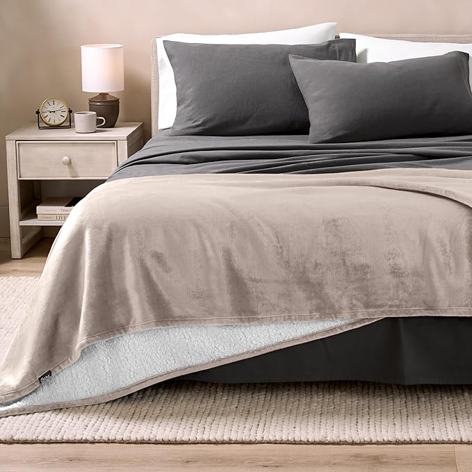 Bare Home Sherpa Fleece Blanket - King Size - Blanket for Bed, Sofa, and Couch - Warm & Lightweight - Fluffy & Soft - Reversible (King, Light Taupe)