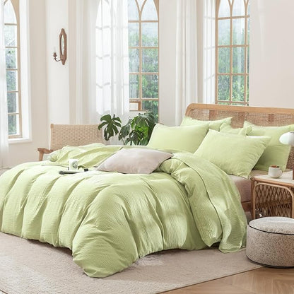 King Size Duvet Cover, Luxury Brushed Microfiber Double-Layer Crinkle Gauze Sage Green Duvet Cover, 3 Pieces Bedding for All-Season, Soft Breathable with Zipper Closure (No Comforter)