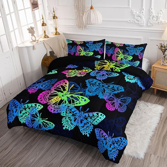 Axolotl Colorful Butterflies Bedding Set,Gradient Butterfly Comforter for Girls Kids,3 Pcs Butterfly Animal Kids Bed Set,Rainbow Butterflies Comforter for Teens Adults,1 Quilt with 2 Pillowcases King