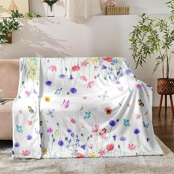 Floral Throw Blanket Birthday Gift for Women Mom Girls Butterfly Flowers Blanket Summer Wildflower Flannel Blanket Watercolor Printed Throw for Couch Sofa Bed Chair 50"x60"