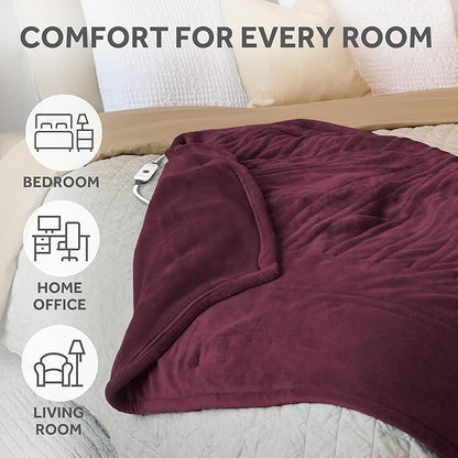 Sunbeam Electric Throw Royal Luxe Microplush Heated Blanket, 4 Heat Settings, 4-Hour Auto Shut-Off, Fast Heating, Warm and Cozy, Cabernet Red Color, 50" x 60"