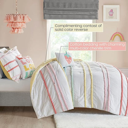 Intelligent Design Kids Twin Comforter Set, Cotton Comforter Set, Casual Fun Colors Chenille Stripes, All Seasons Fluffy Comforter Bed Set, 1 Sham, 2 Decor Pillows, Haisley, Twin, Pink Multi 4 Piece