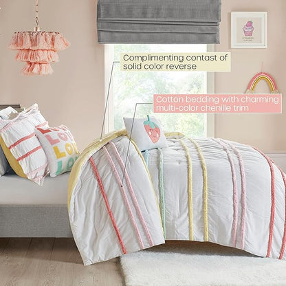 Intelligent Design Kids Full Cotton Comforter Set, Casual Fun Colors Chenille Stripes, All Seasons Fluffy Comforter Bed Set, Shams, Decor Pillows, Haisley, Full/Queen, Pink Multi 5 Piece