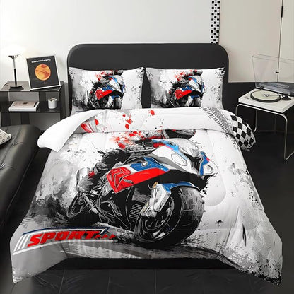 Motorcycle Race Comforter Set Queen Size for Boys，Kids Sports Themed Queen Size Bedding Set，Sport Quilt for Boys，with 1 Comforter with 2 Pillow Case