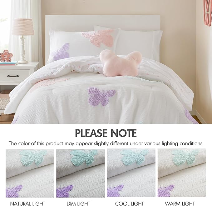 Intelligent Design Kids Rio Twin Comforter Set – Girls’ Reversible Tufted Chenille Bedding with Pastel Purple Butterflies and Pink Dot, 3pcs