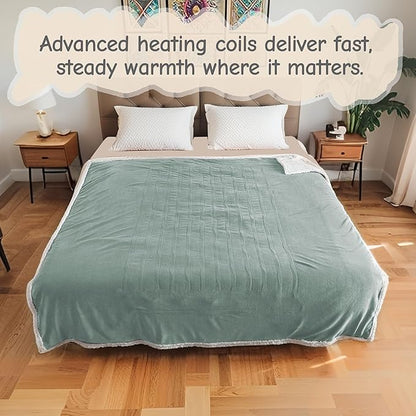 Electric Heated Blanket Queen Size 84"x90", Soft Flannel with Dual Controllers & Overheat Protection, 6 Adjustable Heat Settings & 10-Hour Auto-Off Timer, Fast Heating for Winter Comfort, Light Green