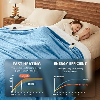 Homemate Electric Heated Blanket Queen Size - 84"x90" Heating Blanket Queen Size Dual Control 1/2/4/6/8 Hours Auto-Off 10 Heat Level Over-Heat Protection Flannel Sherpa ETL Certification