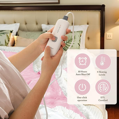 Electric Heated Blanket Flannel & Sherpa 72"x84" Full Size - 4 Heat Levels, 10H Auto Shut Off, Fast Heating, Cozy and Comfortable, Warm Gifts, Machine Washable - Pink