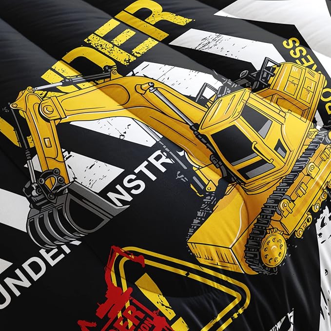 QOOMO Excavator Comforter King Size,Construction Truck Comforter Set for Kids Teens Boys Girls,3Pcs Bedding Set Printed Comforter with 2 Pillowcases,Soft and Lightweight(Black，King Size)