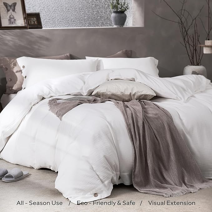JELLYMONI Washed Cotton Duvet Cover - Off White, Oversized Queen Size 98x98 Inches, 3-Piece Bedding Set with Button Closure, Includes 1 Duvet Cover & 2 Pillowcases (Comforter Not Included)