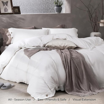 JELLYMONI Washed Cotton Duvet Cover - Off White, Queen Size 90x90 Inches, 3-Piece Bedding Set with Button Closure, Includes 1 Duvet Cover & 2 Pillowcases (Comforter Not Included)