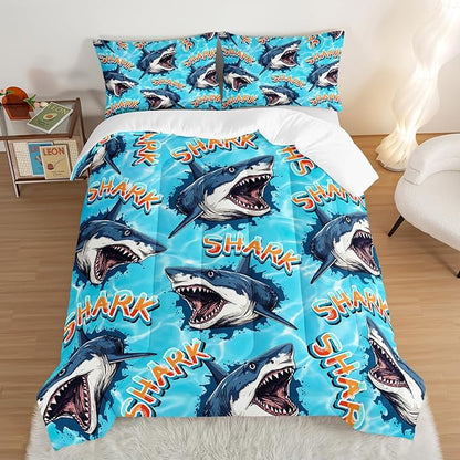 HOSIMA Shark Comforter Set Queen Size,Ocean Theme Bedding Set for Kids Boys,3D Shark Pattern Nautical Comforter Set,Sea Animal Theme Ocean Decor Bedroom Collection with 2 Pillowcases.