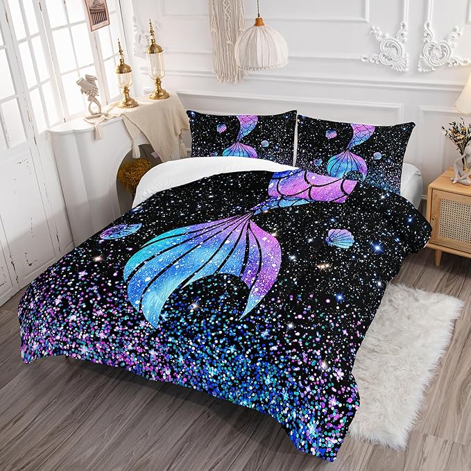 Purple Mermaid Tail Comforter Set for Girls Women, Mermaid Bedroom Decor for Girls Queen Size, Kids Fish Scales Black Bedding Set with 1 Comforter and 2 Pillowcases