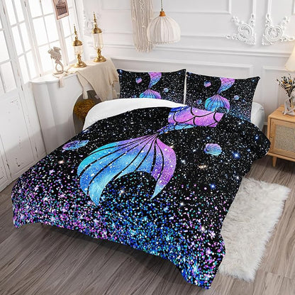 Purple Mermaid Tail Comforter Set for Girls Women, Mermaid Bedroom Decor for Girls Twin Size, Kids Fish Scales Black Bedding Set with 1 Comforter and 2 Pillowcases