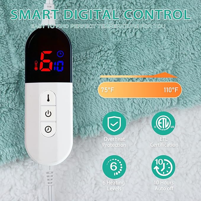 Electric Blanket, Heated Blanket with 6 Heat Levels & 10 Hours Auto Off, Soft Checked Flannel Fast Heating Blanket with ETL & FCC Certification (Green, 62"X84")