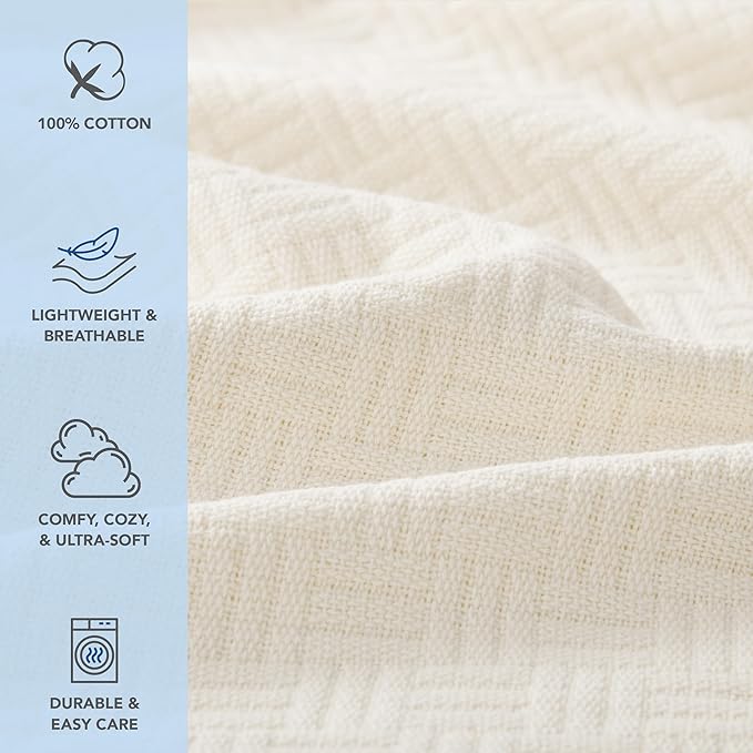 Arkwright Basket Weave Twin Blanket - Case of 4-100% Ringspun Cotton All Season Blankets, Luxury Hotel Quality, Soft on Skin, Breathable, 300 GSM for Bed, Sofa, and Chair, 68 X 90 in, Ivory