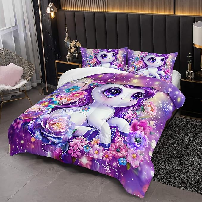 Girls Purple Cartoon Unicorn Comforter Set for Kids Girls Toddlers, Pink Flower Comforter Set Full Size, 3Pcs Cartoon Kawaii Unicorn Quilte Set Room Decorative