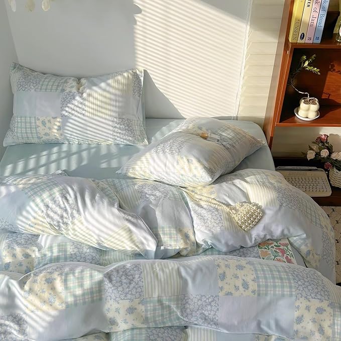 BuLuTu Luxury Muslin Cotton Duvet Cover Set Full Size, Light Blue Striped Floral Duvet Covers Breathable Comfy Bedding Comforter Cover for Summer, Zipper Closure, Machine Wash