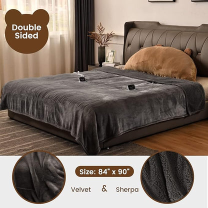 Bearhug Electric Blanket Queen Size 84" x 90", Dual Controllers Grey Heated Blanket, Velvet & Sherpa, 10-Heating Level & 1-12H Auto Off, Over-Heat Protect, ETL, Machine Washable