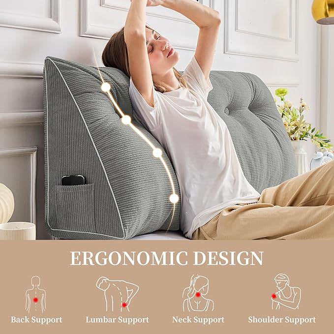 Sasttie Headboard Pillow Twin/Twin XL, Wedge Pillow Headboard for Dorm, Triangular Daybed Backrest Cushion for Sitting or Reading in Bed, with Removable Washable Cover, Light Grey