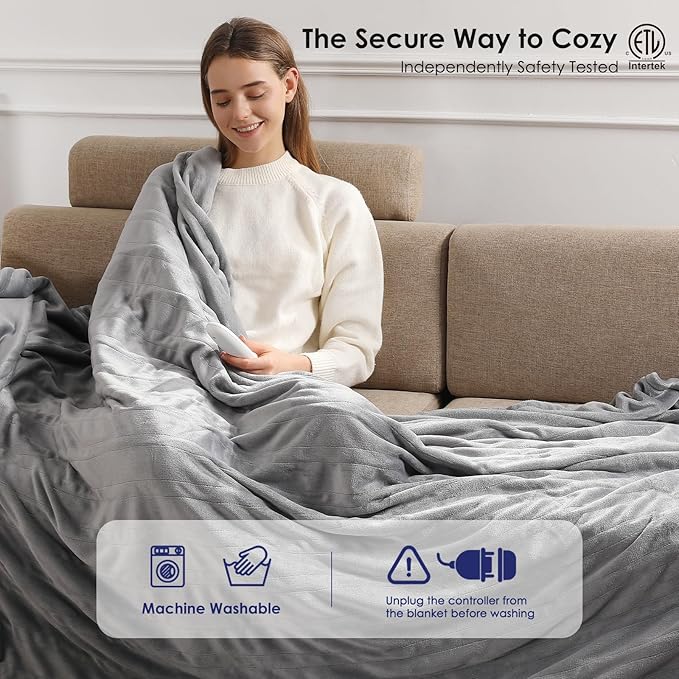 Electric Blanket Heated Blanket Full Size with 5 Heat Levels & 10 Hrs Timer, Premium Cozy Double Flannel Heating Blanket, Fast Heating & Overheating Protection, Grandma Birthday Gifts(Subtle Grey)