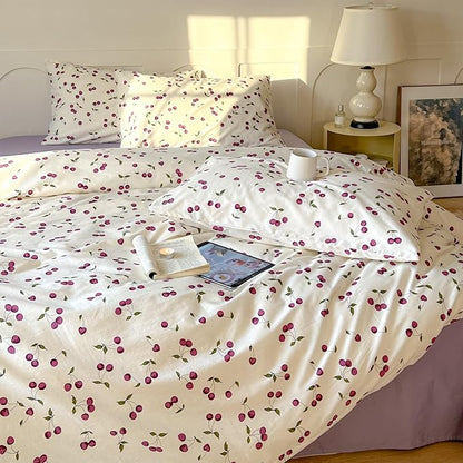 AOJIM Cherry Printed Duvet Cover Set for Kids Adults, Soft 100% Cotton Cute Bedding, Aesthetic Room Decor Comforter Cover with Fruit Motifs, Quilt Cover 3 Pieces (Twin Size), No Comforter