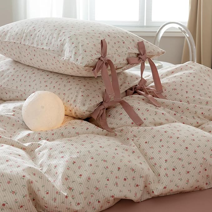 AOJIM Aesthetic Floral Print Duvet Cover for Kids Adults, Pure Cotton Comforter Cover Set 3pcs, 1 Soft Bedding Duvet Cover Queen Size with Zipper Closure and 2 Pillowcases with Bowknot for Room Decor