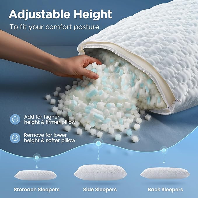 Sophia & William Cooling Bed Pillow for Sleeping (King Size Set of 2) Adjustable Shredded Memory Foam Pillow for Side, Back and Stomach Sleepeers