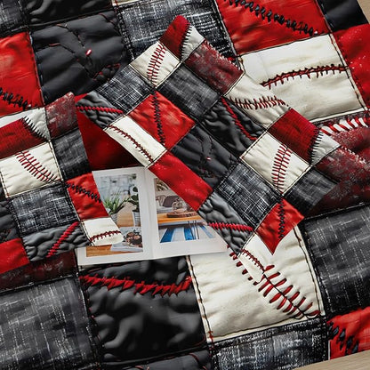 Red and Black Plaid Comforter Set Full，Baseball Bedding Set Full Red and Black，Sport Quilt for Boys，with 1 Comforter with 2 Pillow Case