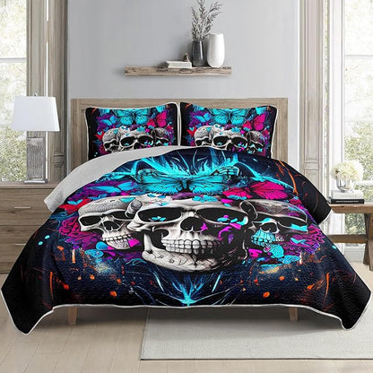 AILONEN Goth Skull Quilt Set Twin Size, 3D Butterfly Skeleton Bedding Bedspread Coverlet with 2 Pillowcases,3-Piece Soft Lightweight Gothic Bed Cover,Blue Black