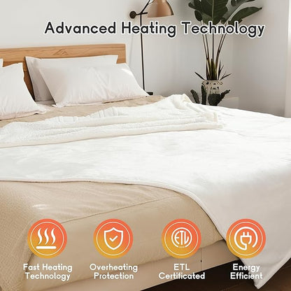 Heated Electric Blanket King Size 90''x100'', Dual Controller Soft Flannel with 10 Heat Settings 1-12 Hour Auto Off Large Blanket for Bed - White
