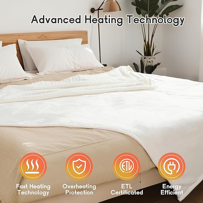Heated Electric Blanket Queen Size 84''x90'', Dual Controller Soft Flannel with 10 Heat Settings 1-12 Hour Auto Off Large Blanket for Bed - White