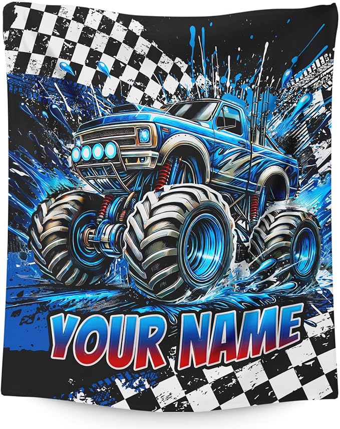 Boys Blanket Gifts Personalized Truck Blankets for Kids Teens Adults - 60" x 80" Custom Name Cool Car Themed Soft Lightweight Flannel Throws for Couch, Sofa, Bedroom Decor (Blue)