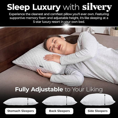 Silvery Memory Foam Bed Pillow - Patent-Pending Self-Cleaning Technology™ for Hygienic Sleep - Cooling Hypoallergenic Adjustable Pillows for Side, Back & Stomach Sleepers