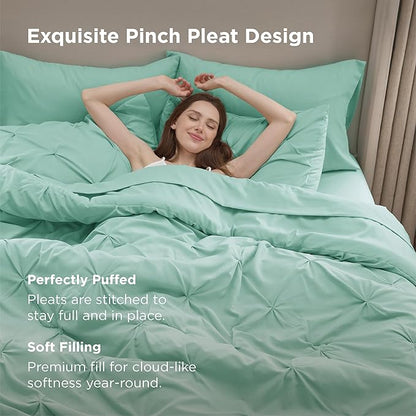 Bedsure Full Comforter Set Mint Green - Bed in a Bag Full Size Bedding Set 7 Pieces, GentleSoft™ Pintuck Bed Set Gift for Family, Pinch Pleat All Season Comforter with Sheets, Pillowcases & Shams