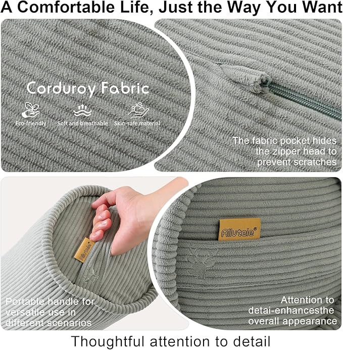 Long Pillow for Bed – Corduroy Round Bolster Pillow for Adults, Decorative Body Pillow for Sleeping or Sofa Support,47 x 7.87 Inches,Grey Green