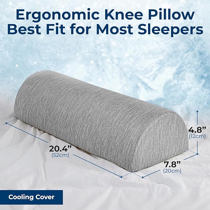 5 STARS UNITED Knee Pillow for Back Sleeping – Cooling Cover - Memory Foam Cushion for Sciatica Pain Relief – Under Leg Support for Sleeping on Back – Half Moon Bolster for Bed, Arctic Gray