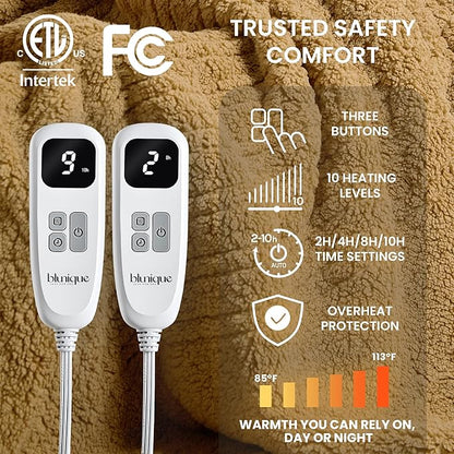 Heated Blanket Electric Blanket King - Fast Heating Blanket Throw Dual Control Double Sided Sherpa with 10 Heating Levels & 2-10 Hours Auto Off, Mashine Washable, 90 x 100 Inches, Camel