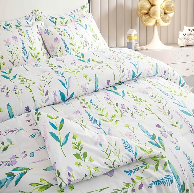 SDY 7PCS Floral Bedding Set Full Size Bedding Set Girl Boys Kids,Bed in A Bag Full with Floral Comforter, Flat Sheet, Fitted Sheet and Pillowcases & Shams
