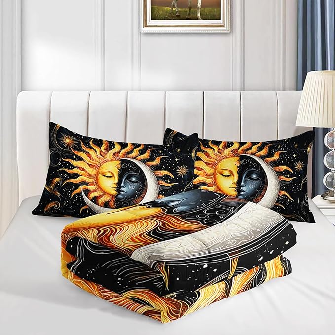 Sun and Moon Bedding Set Twin Size,Yellow Galaxy Celestial Bedding for Kids Boys Girls Teens Room Boho Decor,Black and Yellow Fluffy Comforter Sets with 2 Pillowcases.