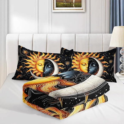 Sun and Moon Bedding Set Twin Size,Yellow Galaxy Celestial Bedding for Kids Boys Girls Teens Room Boho Decor,Black and Yellow Fluffy Comforter Sets with 2 Pillowcases.