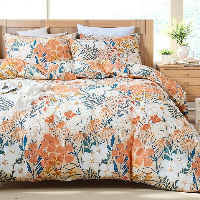 100% Cotton Duvet Cover King Size – Autumn Botanical Floral Duvet Cover Set with Zipper Closure, 3-Piece Soft Breathable Percale Weave Bedding Set for All Seasons